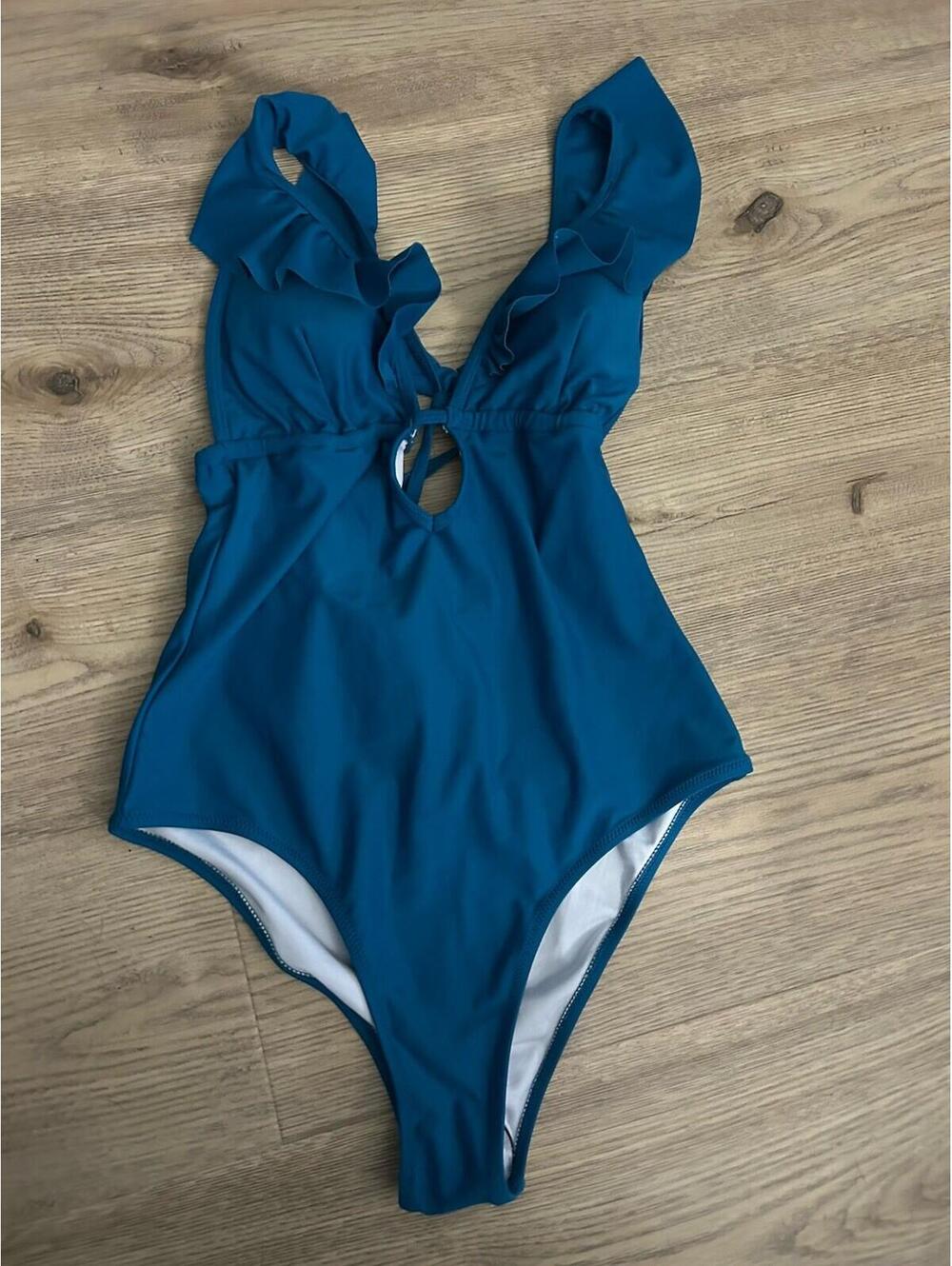 NWT Cupshe Women One Piece Swimsuit Size Medium Blue Ruffle Trim